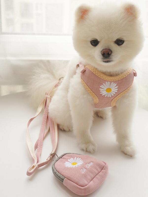 1 pieza arneses de perro con bordado con 1 pieza bolsa mini con 1 pieza correa