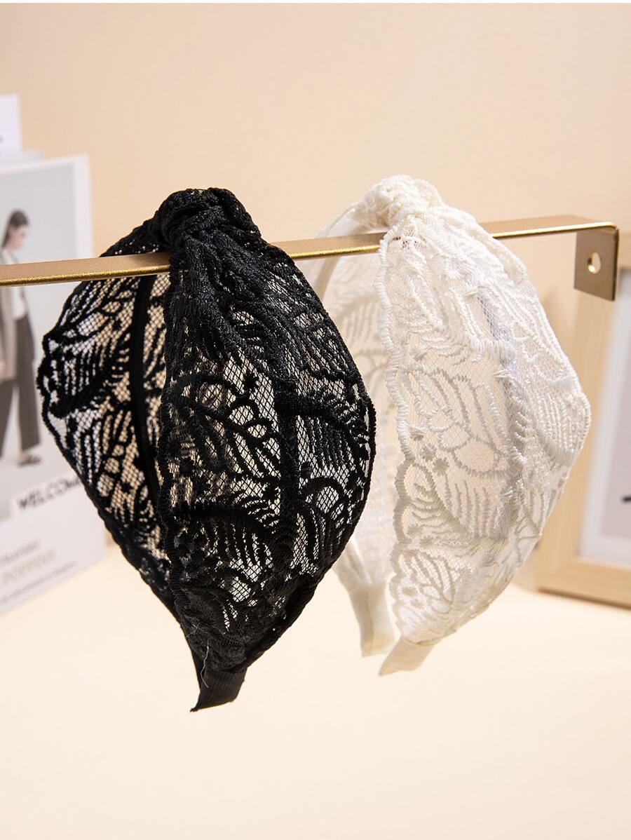 2pcs/Set Wide-Knotted Leaf Embroidery Lace Headband, Suitable For Daily Use And Dressing Up, Fits Women Sexy - Black and White - View 1