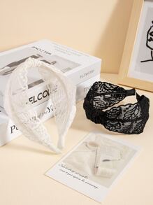 2pcs/Set Wide-Knotted Leaf Embroidery Lace Headband, Suitable For Daily Use And Dressing Up, Fits Women Sexy - Black and White - View 2