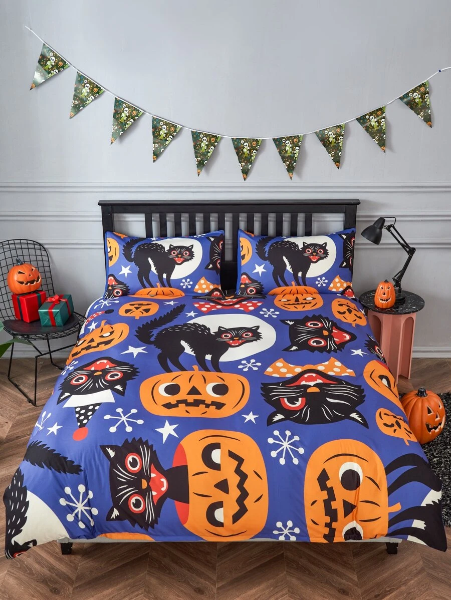 萬聖節貓和南瓜圖案被套套裝不附帶內芯 - 彩色 - 查看 1
