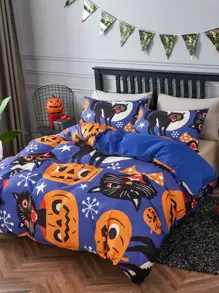 萬聖節貓和南瓜圖案被套套裝不附帶內芯 - 彩色 - 查看 2