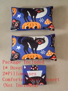 萬聖節貓和南瓜圖案被套套裝不附帶內芯 - 彩色 - 查看 4