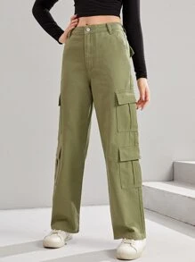 SHEIN 少女們的帶蓋口口袋工裝牛仔褲