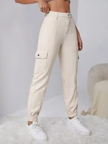 SHEIN EZwear Press Crease Flap Pocket Side Cargo Jeans - Beige - View 1