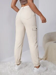 SHEIN EZwear Press Crease Flap Pocket Side Cargo Jeans - Beige - View 2