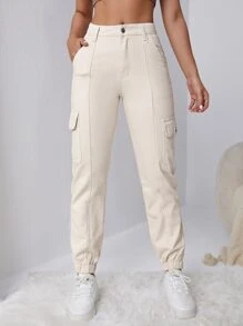 SHEIN EZwear Press Crease Flap Pocket Side Cargo Jeans - Beige - View 3