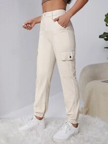 SHEIN EZwear Press Crease Flap Pocket Side Cargo Jeans - Beige - View 4