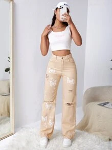 SHEIN EZwear Quần jean nữ Nút Túi Bị tách Dây kéo Denim mùa giặt Loại bướm - Màu Khaki - Xem 1