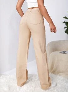SHEIN EZwear Quần jean nữ Nút Túi Bị tách Dây kéo Denim mùa giặt Loại bướm - Màu Khaki - Xem 2