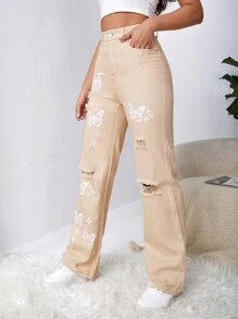SHEIN EZwear Quần jean nữ Nút Túi Bị tách Dây kéo Denim mùa giặt Loại bướm - Màu Khaki - Xem 3