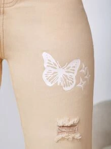 SHEIN EZwear Quần jean nữ Nút Túi Bị tách Dây kéo Denim mùa giặt Loại bướm - Màu Khaki - Xem 5