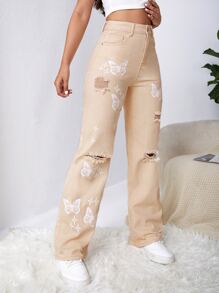 SHEIN EZwear Quần jean nữ Nút Túi Bị tách Dây kéo Denim mùa giặt Loại bướm - Màu Khaki - Xem 6
