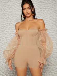 Mono de hombros descubiertos Corsé de organdí puño con fruncido - Caqui - Ver 4