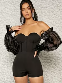 Off Shoulder Organza Sleeve Sheer Panel Detail Romper - Black - View 1