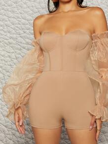 Mono de hombros descubiertos Corsé de organdí puño con fruncido - Caqui - Ver 3