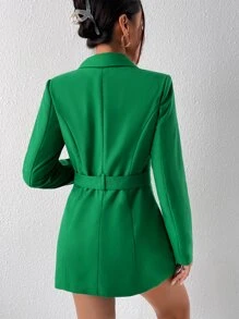 SHEIN Privé 西裝領搭扣腰帶西裝外套 - 綠色 - 查看 2