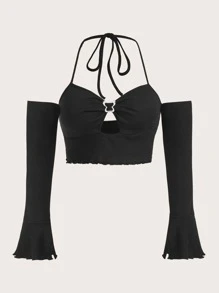 SHEIN ICON Plus Cut Out Lettuce Trim Tee - Black - View 1