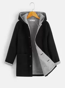 SHEIN 男孩雙口袋毛絨內襯連帽花呢外套