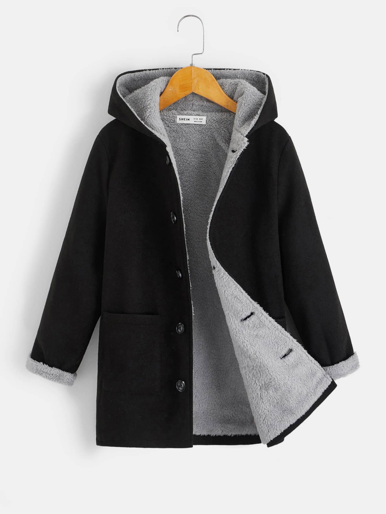 SHEIN 男孩雙口袋毛絨內襯連帽花呢外套