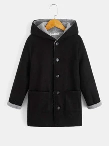 SHEIN 男孩雙口袋毛絨內襯連帽花呢外套