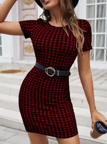 SHEIN Essnce 千鳥格印花緊身洋裝不附腰帶 - 紅色 - 查看 1