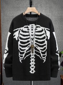 Manfinity LEGND Men's Casual Color Graphic Block Skeleton Pattern Street Wear Urban Pullover Long Sleeve Sweater, Autumn/Winter Halloween Sweater, For Friends, Grunge Style