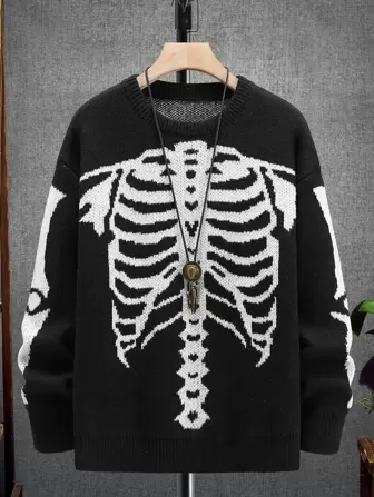 Suéter casual de manga larga con diseño gráfico y patrón de esqueleto en bloque de color para hombres, suéter de otoño/invierno y Halloween, para amigos