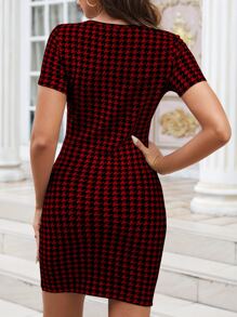SHEIN Essnce 千鳥格印花緊身洋裝不附腰帶 - 紅色 - 查看 2