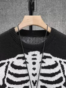 Manfinity LEGND Men's Casual Color Graphic Block Skeleton Pattern Street Wear Urban Pullover Long Sleeve Sweater, Autumn/Winter Halloween Sweater, For Friends, Grunge Style