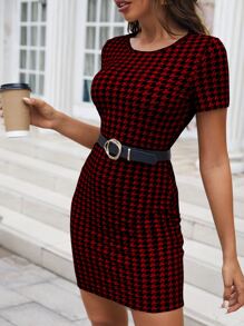 SHEIN Essnce 千鳥格印花緊身洋裝不附腰帶 - 紅色 - 查看 4