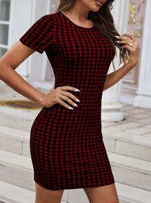 SHEIN Essnce 千鳥格印花緊身洋裝不附腰帶 - 紅色 - 查看 5