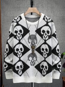 Manfinity Men Skull & Argyle Pattern Drop Shoulder Jumper - Black and White - View 1
