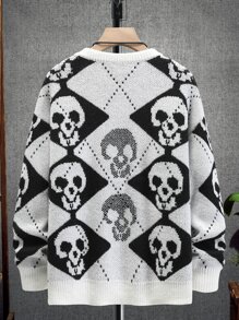 Manfinity Men Skull & Argyle Pattern Drop Shoulder Jumper - Black and White - View 2