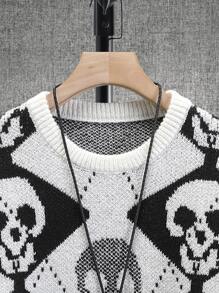 Manfinity Men Skull & Argyle Pattern Drop Shoulder Jumper - Black and White - View 6