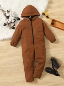 SHEIN 小男童側翻蓋口袋拉鍊連帽連身褲