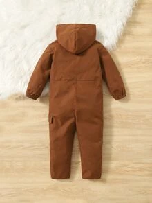 SHEIN 小男童側翻蓋口袋拉鍊連帽連身褲