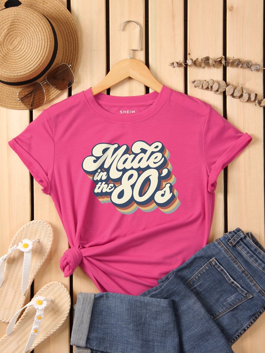 INAWLY Slogan Graphic Tee Made In The 80's Graphic Tees Women Tops - Hot Pink - View 1