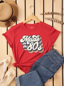 SHEIN LUNE Slogan Áo thun cổ tròn có họa tiết được sản xuất từ những năm 80 - Đỏ - Xem 1