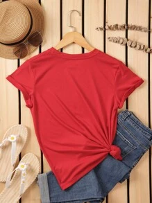 SHEIN LUNE Slogan Áo thun cổ tròn có họa tiết được sản xuất từ những năm 80 - Đỏ - Xem 2