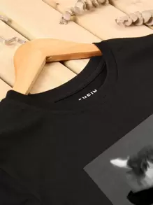 INAWLY Áo thun họa tiết mèo và khẩu hiệu Tại sao bạn lại nhìn tôi? Áo thun họa tiết cho nữ - màu đen - Xem 3