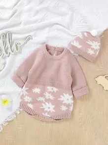 Baby Girls' Flower Pattern Sweater Jumpsuit - Pink - View 1