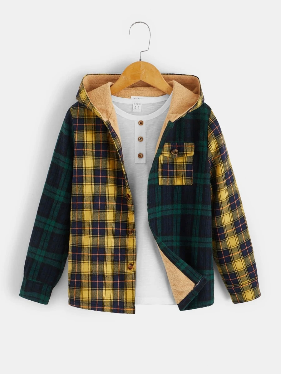SHEIN 男孩格紋印花毛絨內襯連帽外套不帶T恤 - 綠色 - 查看 1