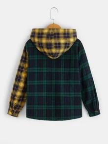 SHEIN 男孩格紋印花毛絨內襯連帽外套不帶T恤 - 綠色 - 查看 2