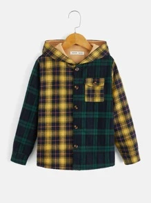 SHEIN 男孩格紋印花毛絨內襯連帽外套不帶T恤 - 綠色 - 查看 5