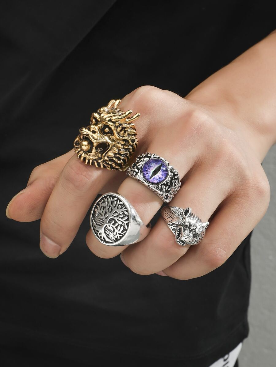 時尚流行4件套男士獅頭和眼睛裝飾戒指合金，適合度假和時尚外觀 - 彩色 - 查看 1