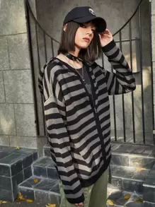 ROMWE Grunge Punk Cárdigan con cremallera a rayas - Multicolor - Ver 3