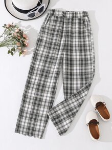 SHEIN Girls Plaid Print Slant Pocket Trousers - Multicolor - View 1
