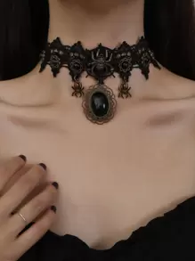 蜘蛛和珠子裝飾頸鏈 - 黑色 - 查看 1