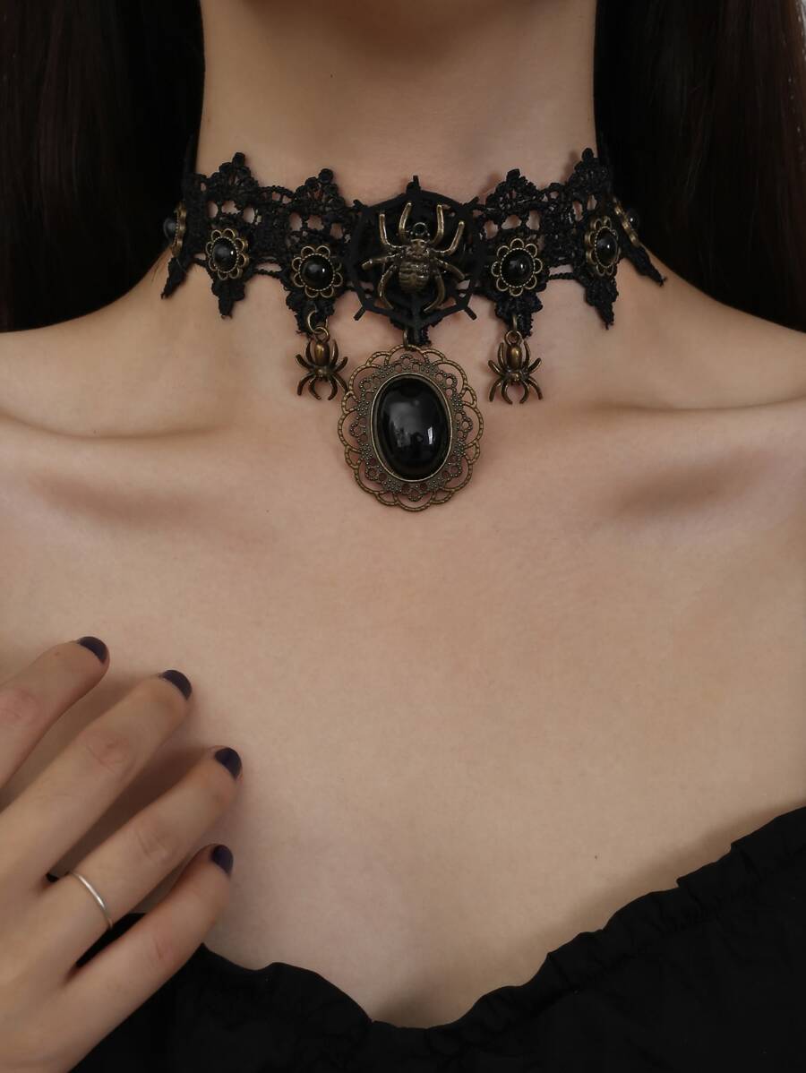 蜘蛛和珠子裝飾頸鏈 - 黑色 - 查看 1