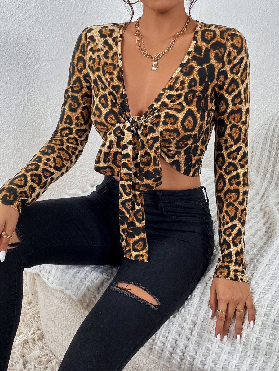 Top corto con estampado de leopardo con cordón delantero - Multicolor - Ver 1